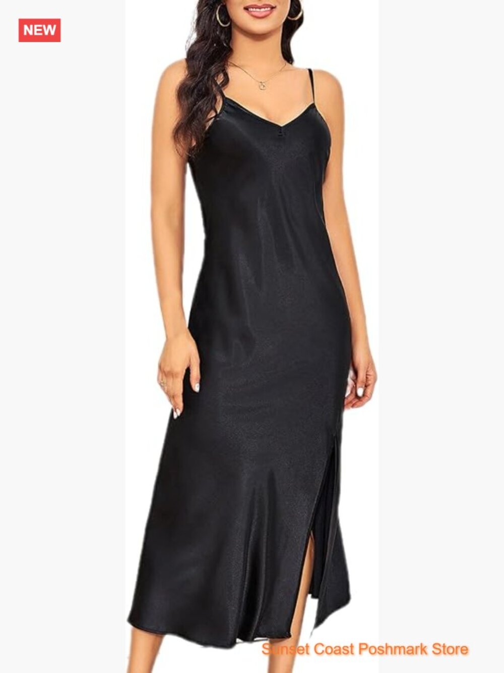 Women's Long Satin Slip Dress Nightgown V Neck Adjustable Spaghetti Straps Midi